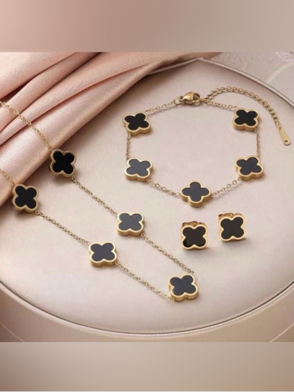 Macy's Black and Gold Clover Necklace, Bracelet & Stud Earrings Set